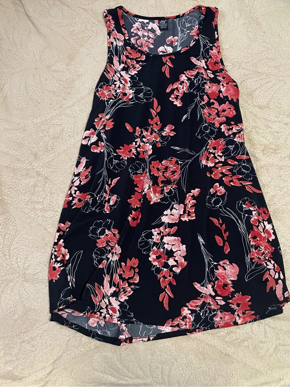 Sleeveless Navy Floral A-Line Dress with Pink Blooms